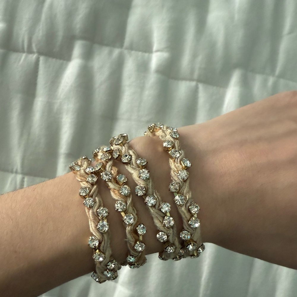 Anthropologie Ettika Braided Neutral Gold Fabric Crystal Wrap Bracelet
